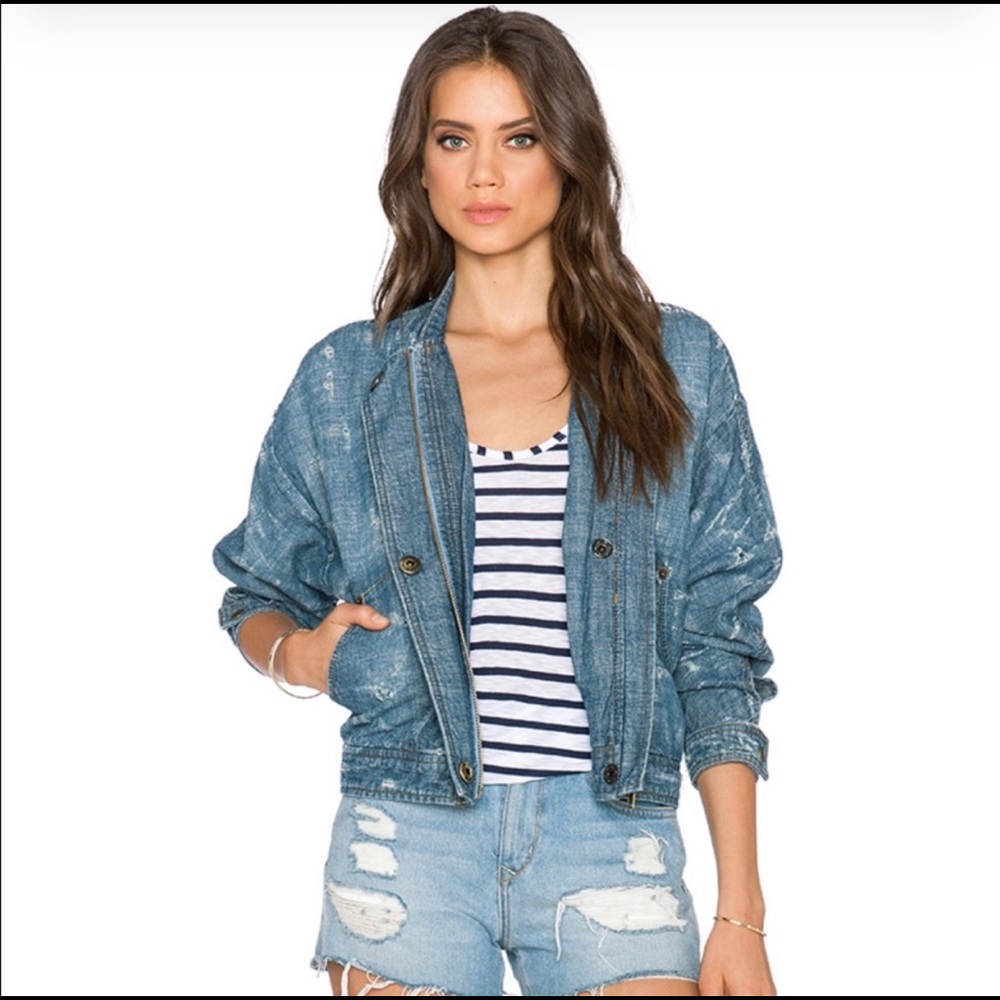Free People Tattered Tennis Denim Bomber Jacket